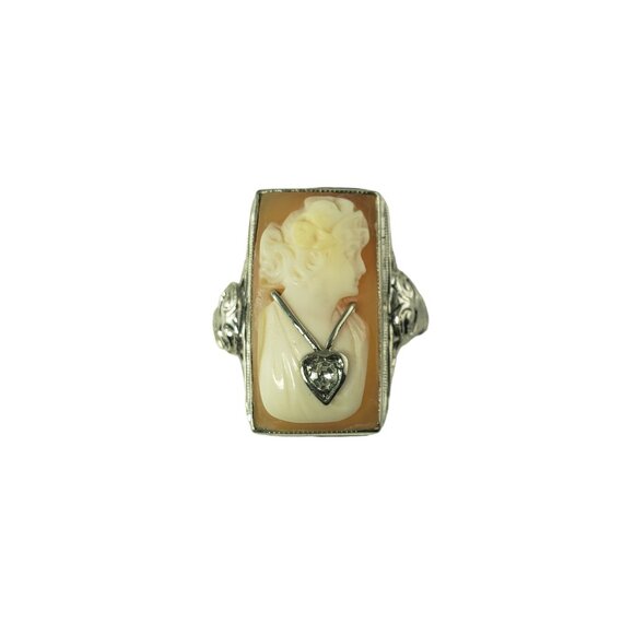Vintage 14 Karat White Gold and Diamond Cameo Ring Size 7 #14728